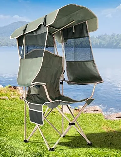 docusvect folding camping chair with shade canopy for adults canopy chair for outdoors sports with cup holder side pocket for camp beach tailgates fishing support 330 lbs