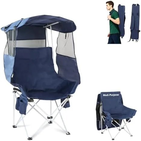 folding camping chairs canopy outdoor sports portable beach chair with canopy lawn beach chairs with umbrella for adults camping chair with shade for fishing camp heavy duty regular navy blue